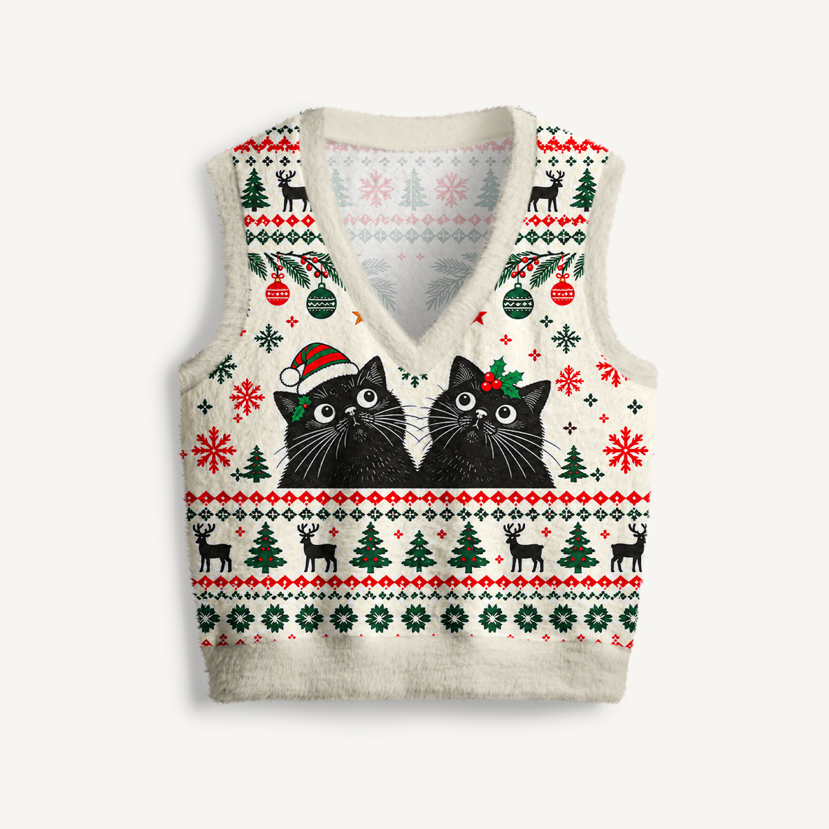 Festive Christmas Black Cats Print V-Neck Sweater Vest