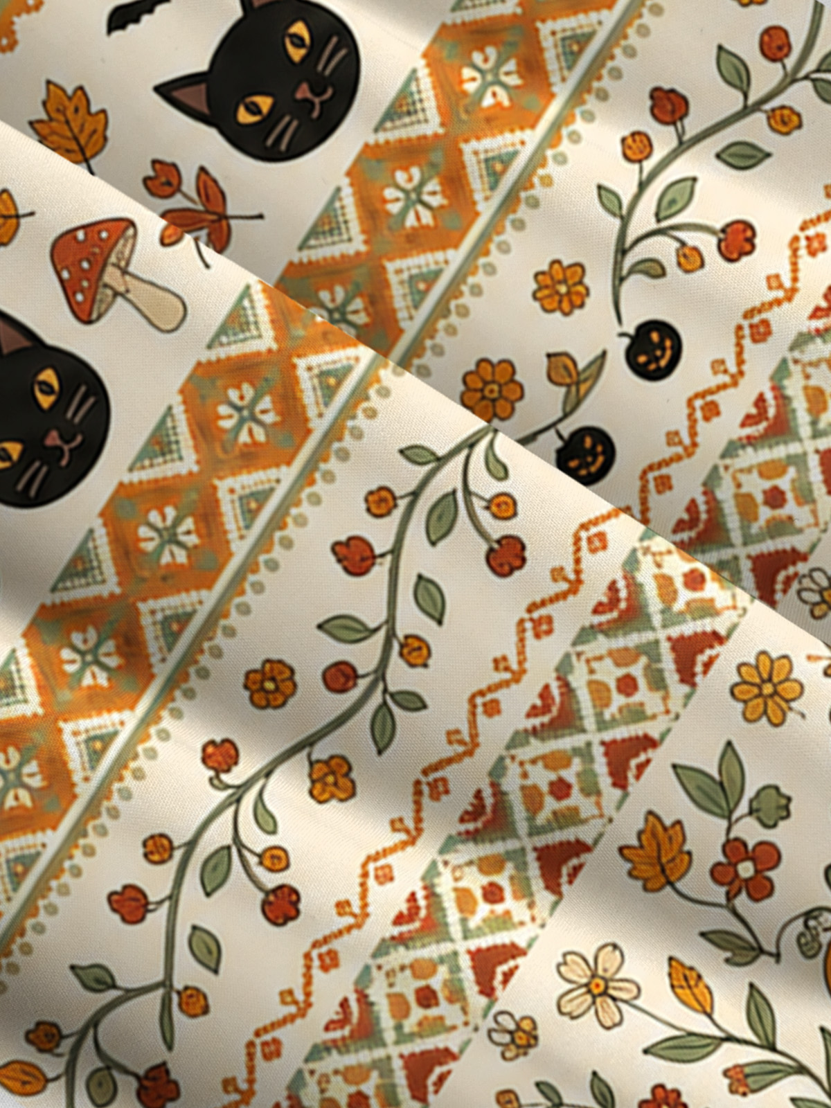 Autumn Fair Isle Pumpkin & Black Cat Print Wide Straps Maxi Dress With Pockets