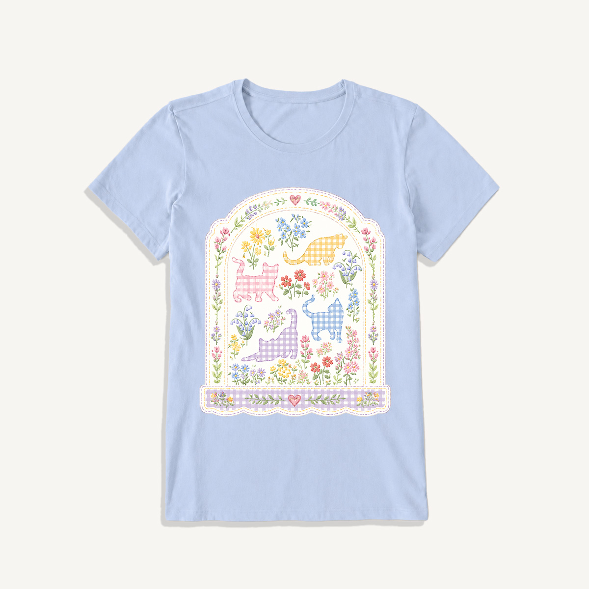 Gingham Cats Arch Frame Print Crew Neck Cotton Tee