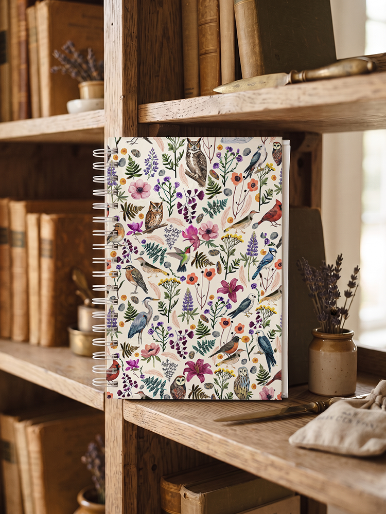 Whimsical Woodland Birds Wildflowers Print A5 Spiral Notebook 