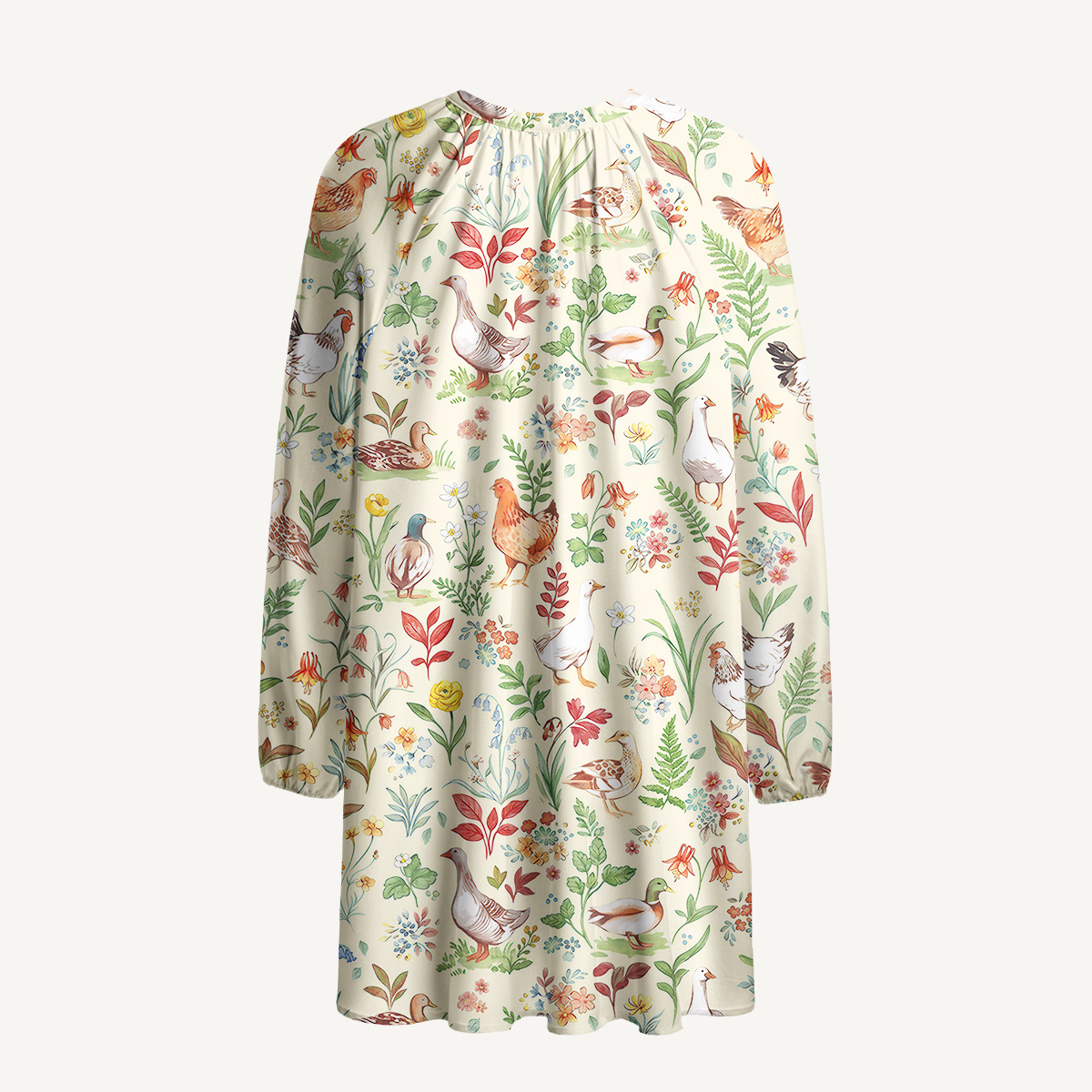 Countryside Garden Critter Print Boho Tie‑Neck Smock Mini Dress