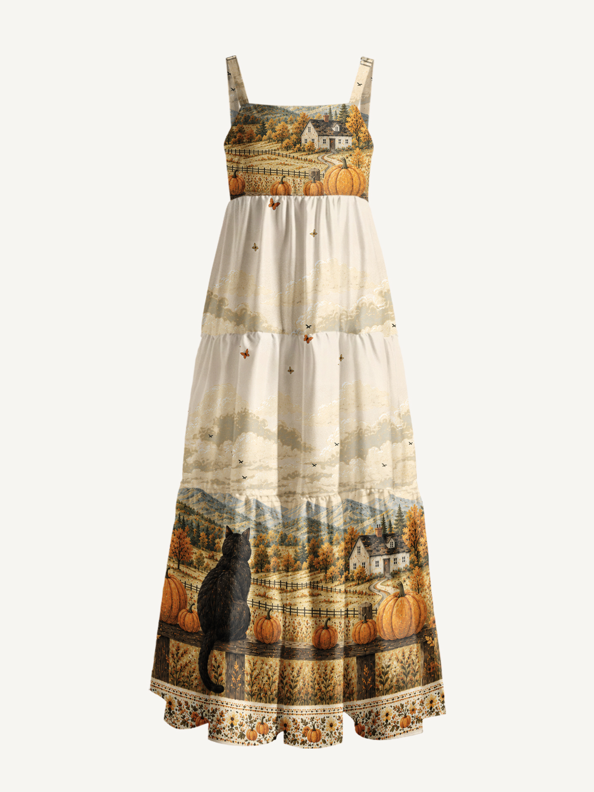 Autumn Pumpkin Field Black Cat Print Wide Straps Maxi Dress With Pockets