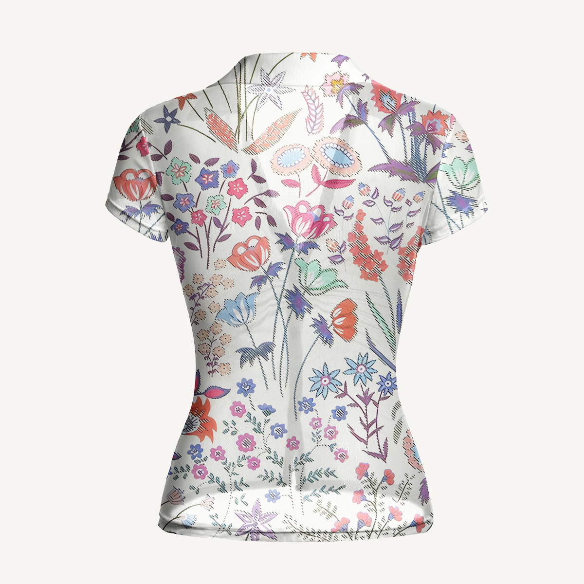 V-Neck Short Sleeve Bohemian Wildflower Garden Print Mesh Top