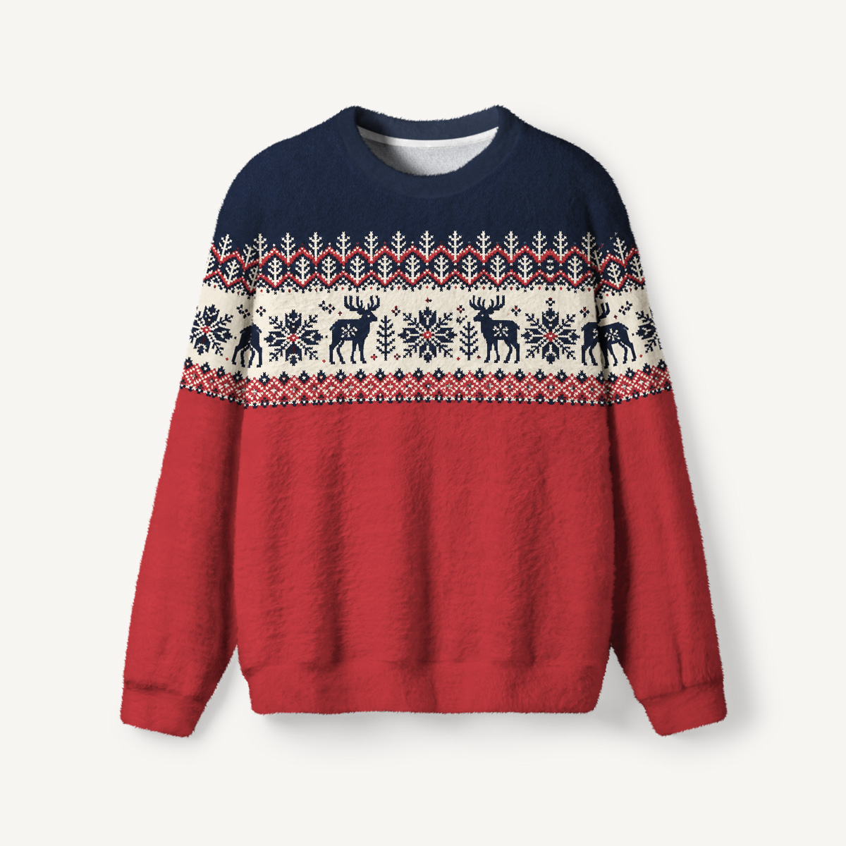 Festive Reindeer Fair Isle Fuzzy Crewneck Sweater