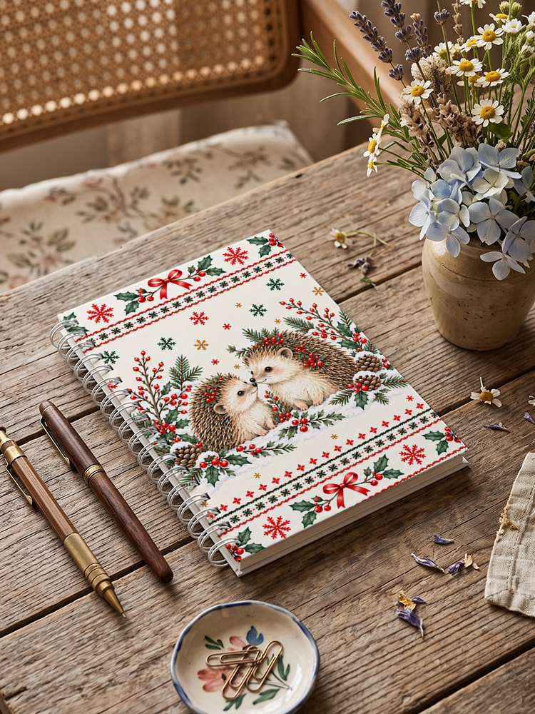 Cozy Christmas Hedgehogs Print A5 Spiral Notebook