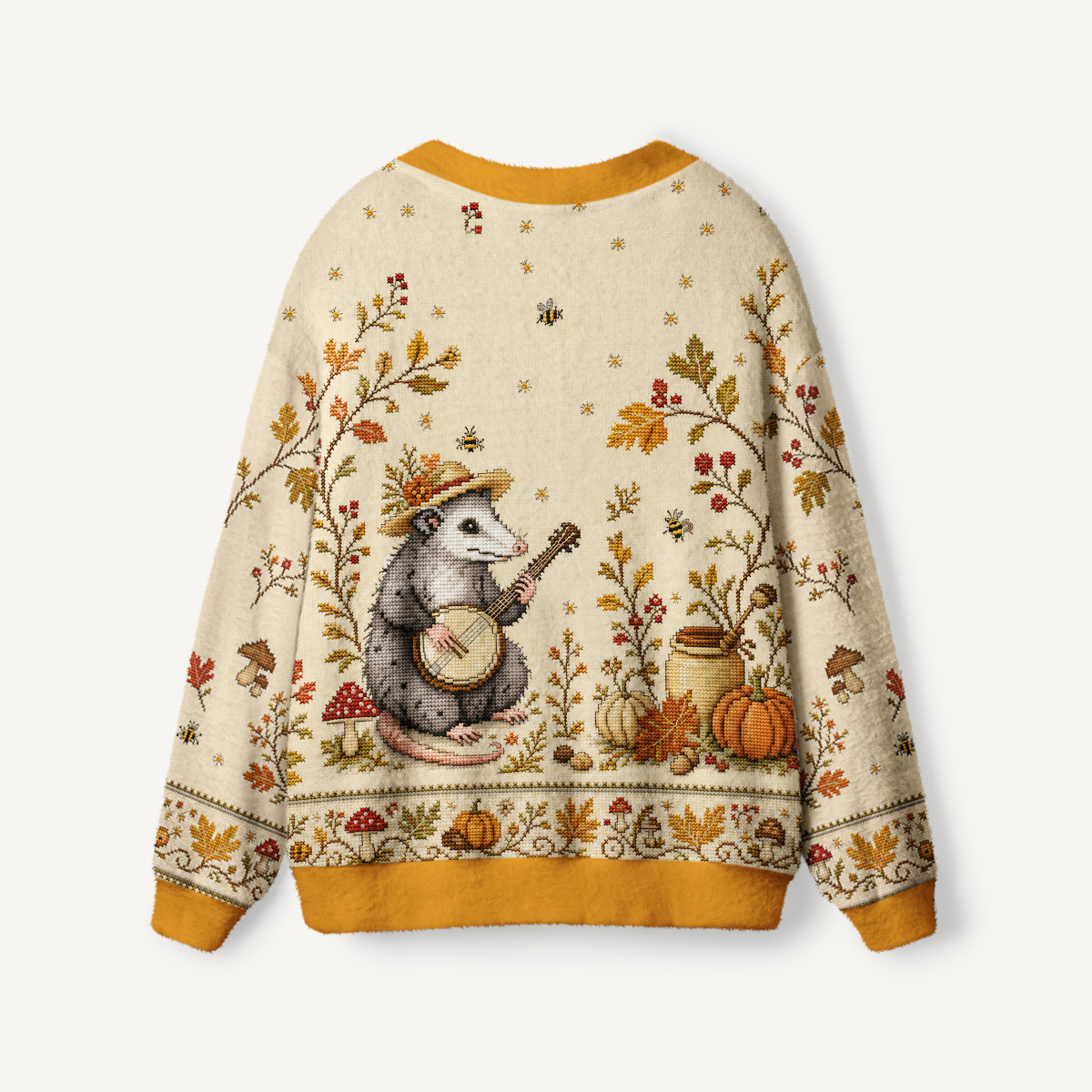 Autumn Possum Banjo Print Ugly Cardigan Sweaters