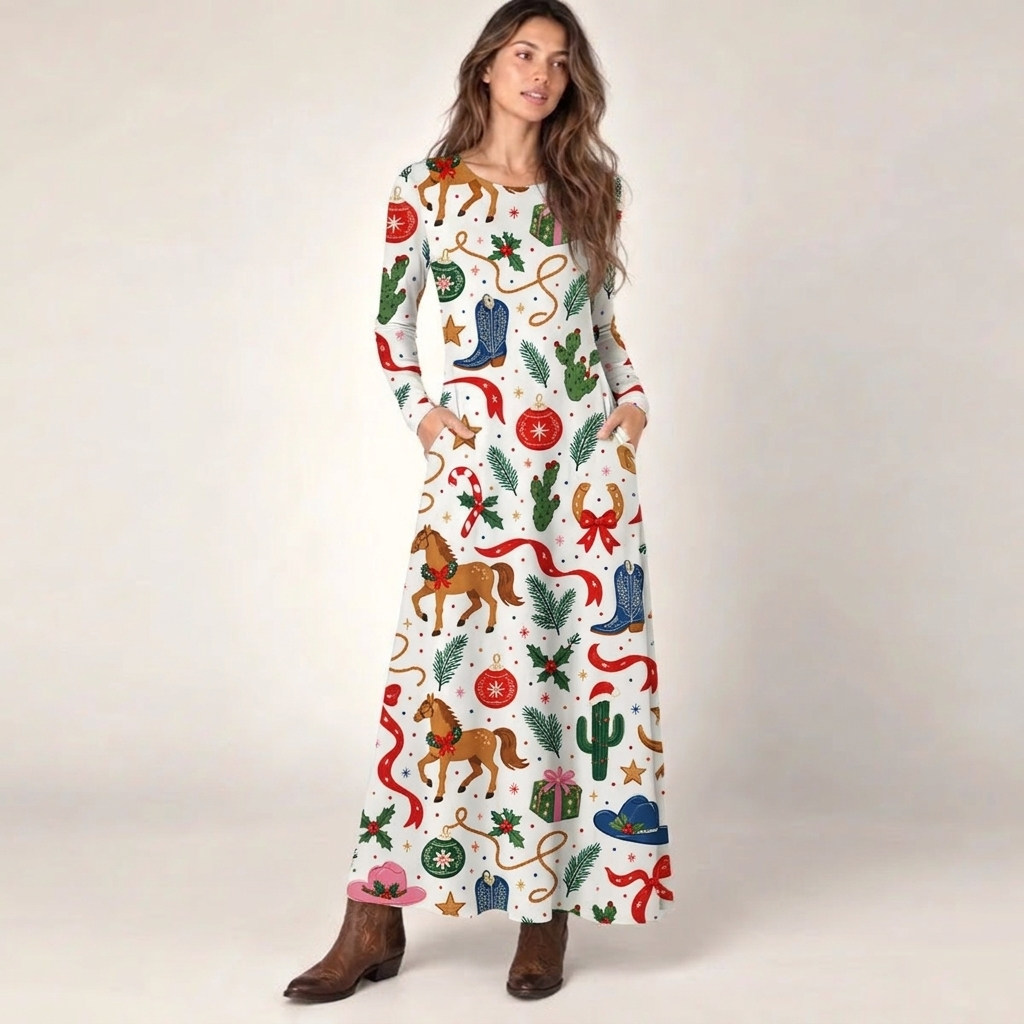 western dress for christmas Rodeo Print Soft-Touch Stretch Knit Long Sleeve Maxi with Pockets Sale Color:Hickory Ditsy Adidas Superstar sneakers transformed Visible Cowgirl boots its perfect for celebrating