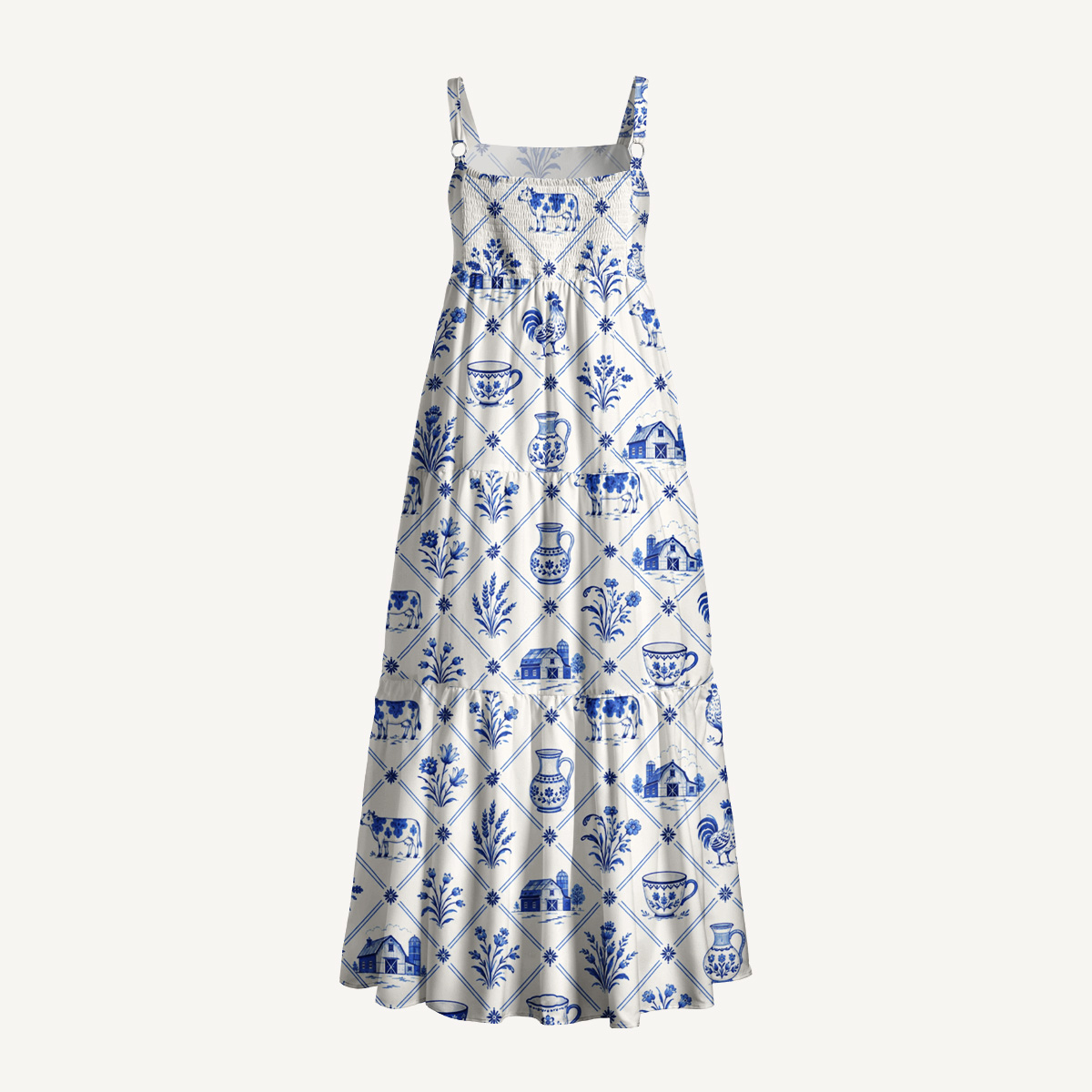 Country Delft Blue Patchwork Print Wide Straps Maxi Dress With Pockets