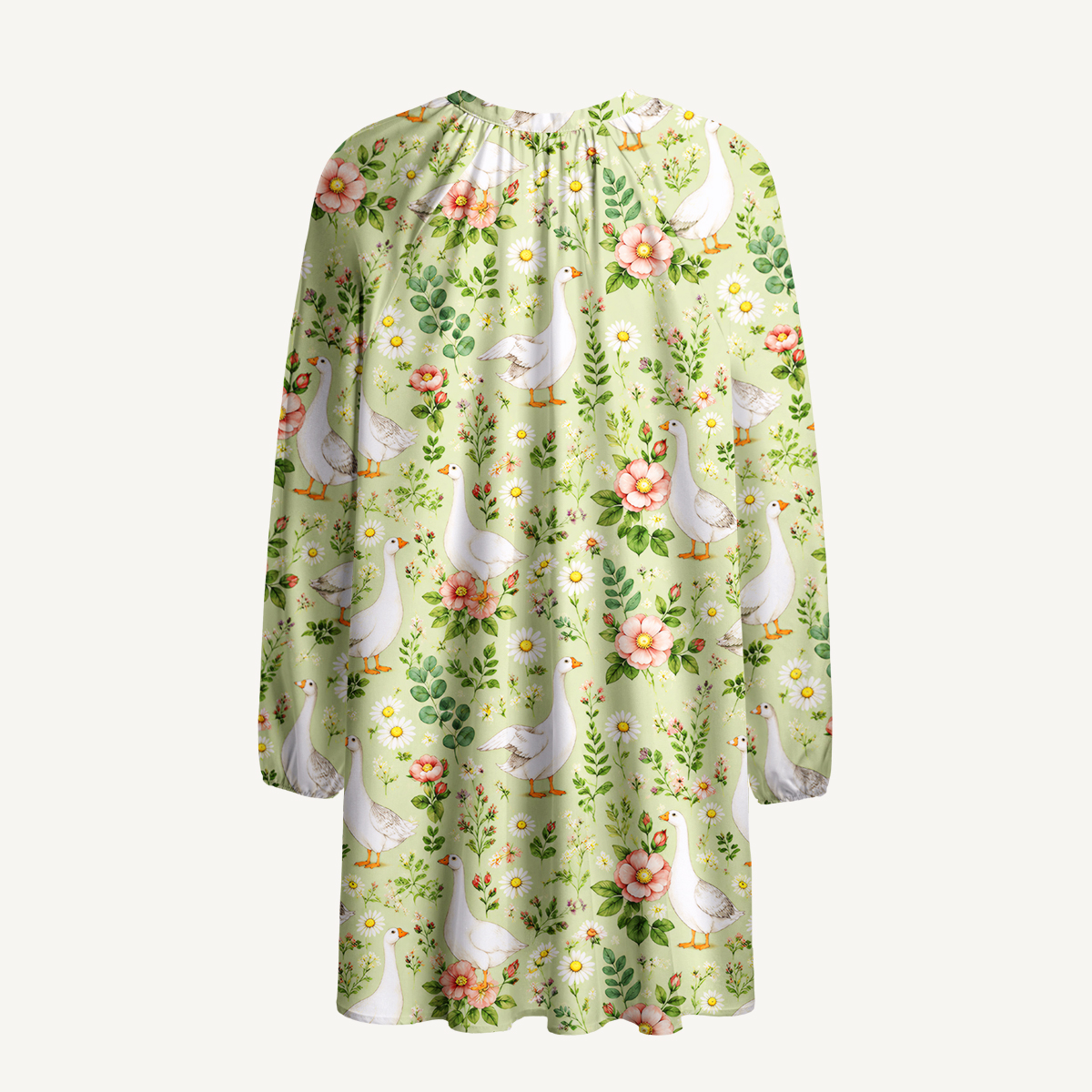 Pastoral Goose Garden Print Boho Tie‑Neck Smock Mini Dress