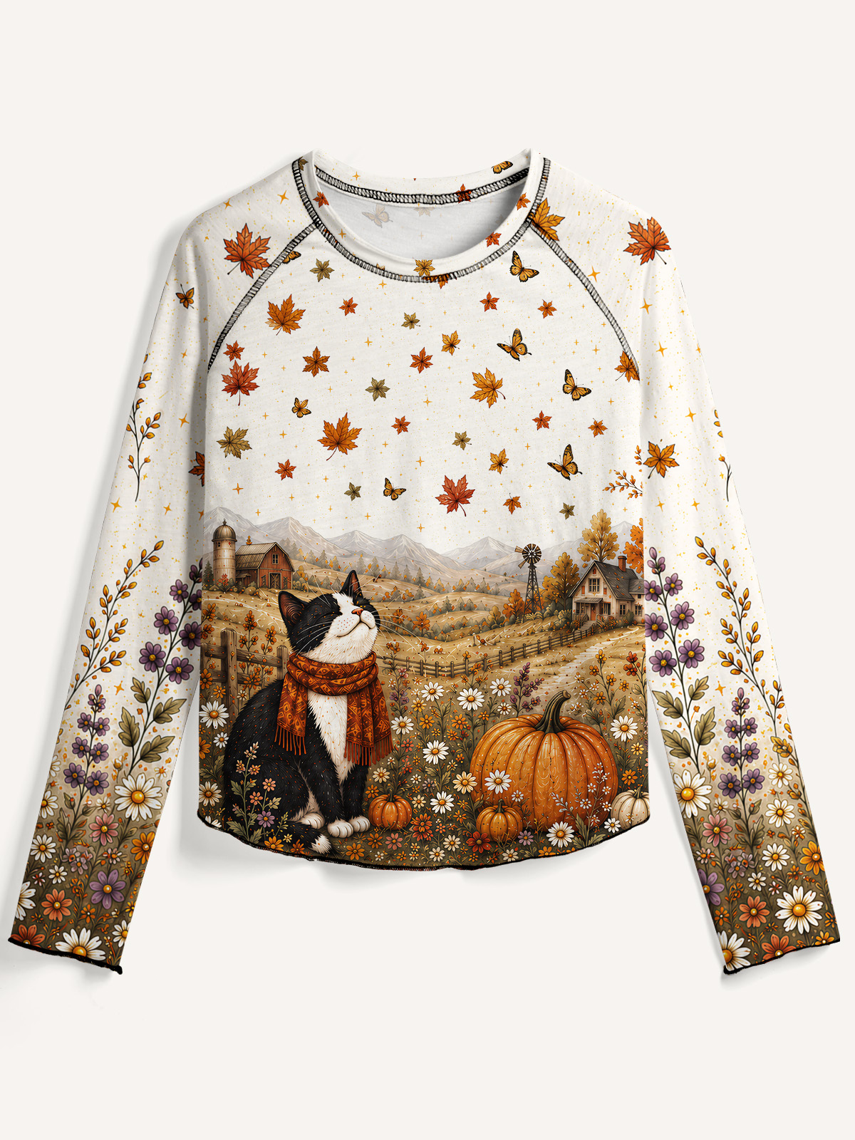 Autumn Pumpkin Field Black Cat All-Over Print Cotton Raglan Long Sleeve Top
