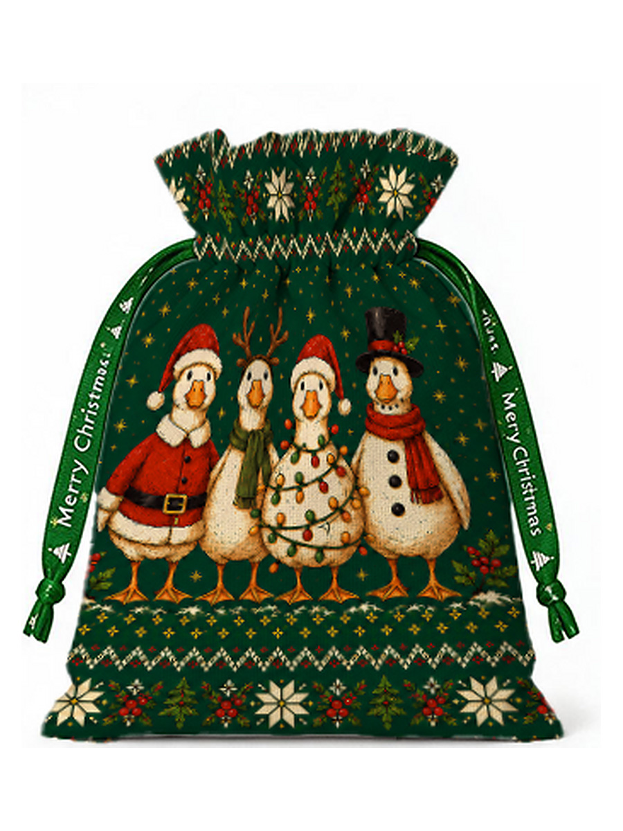 Cozy Country Christmas Ducks Reusable Drawstring Gift Bag