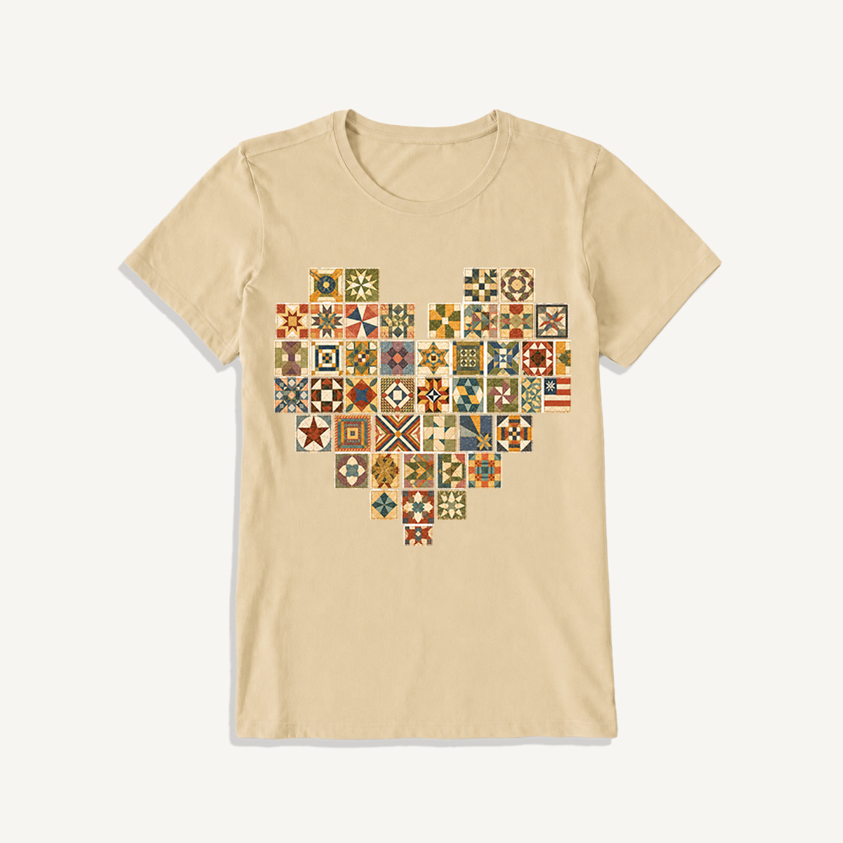 Vintage Quilt Block Heart Print Crew Neck Cotton Tee