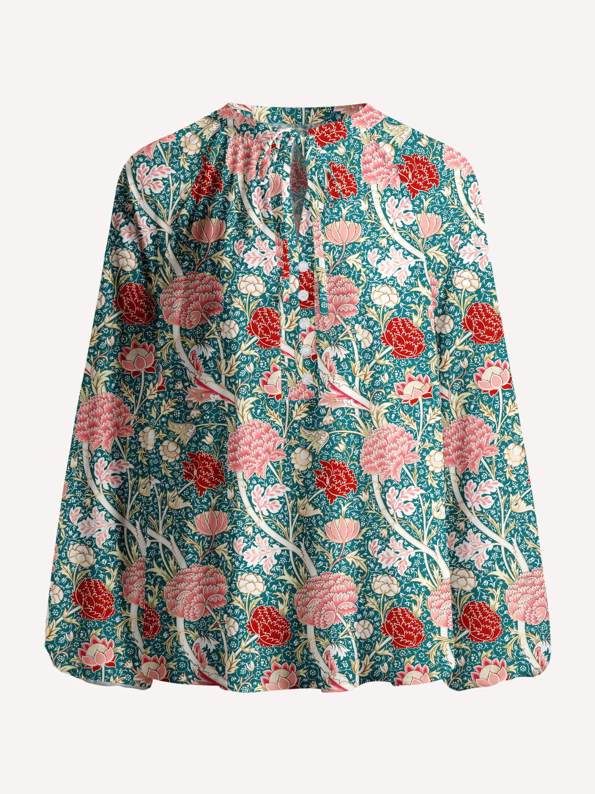 Vintage Peony Lotus Floral Print Boho Long Sleeve Tie‑Neck Blouse