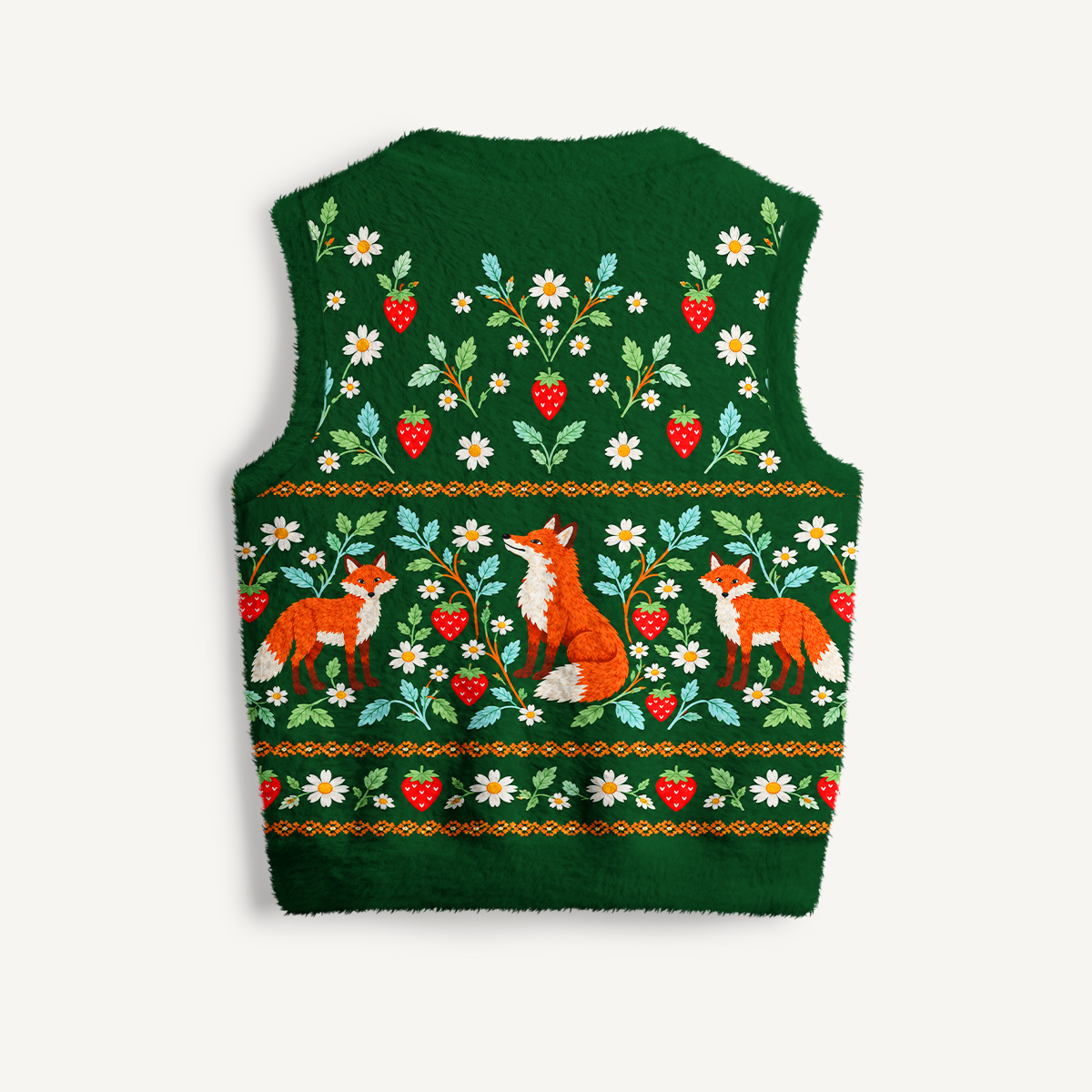Whimsical Woodland Fox & Strawberry V-Neck Sweater Vest