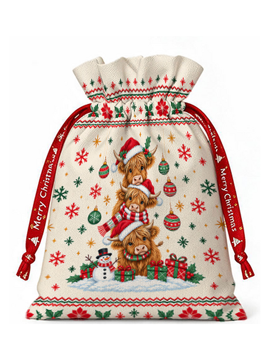 Stacked Highland Cow Christmas Reusable Drawstring Gift Bag