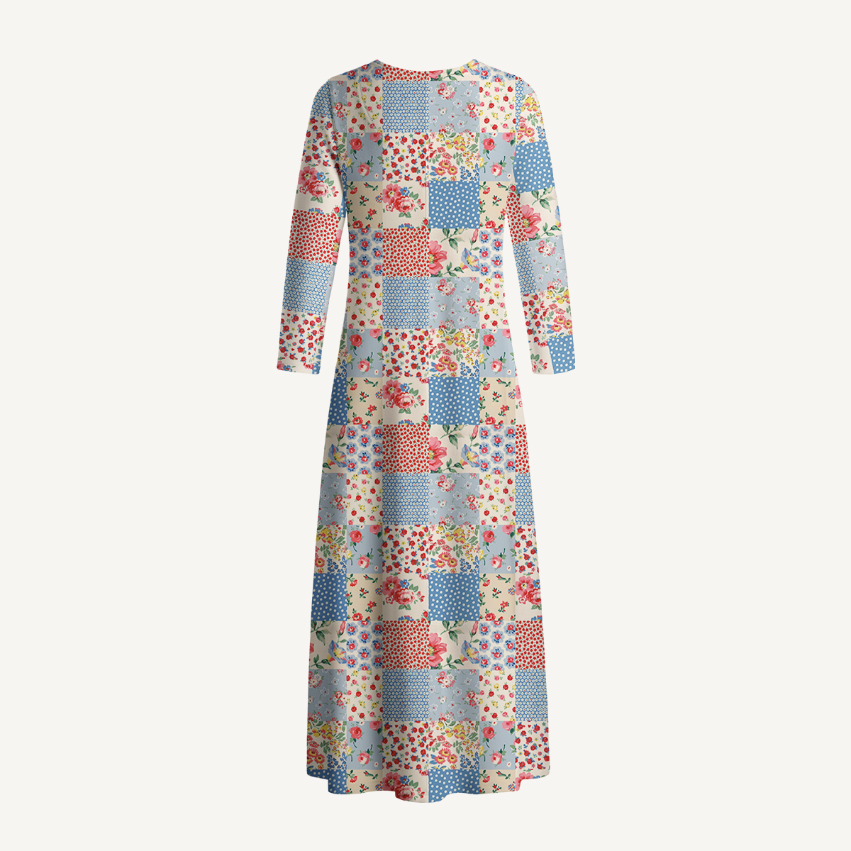 Pastel Patc Print Soft-Touch Stretch Knit Long Sleeve Maxi Dress with Pockets
