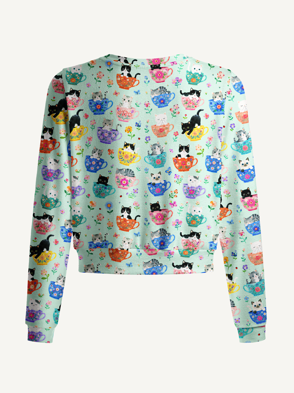 Lightweight Crew Neck Long‑Sleeve Cropped Cute Teacup Kitten Print Fine‑Knit Cardigan