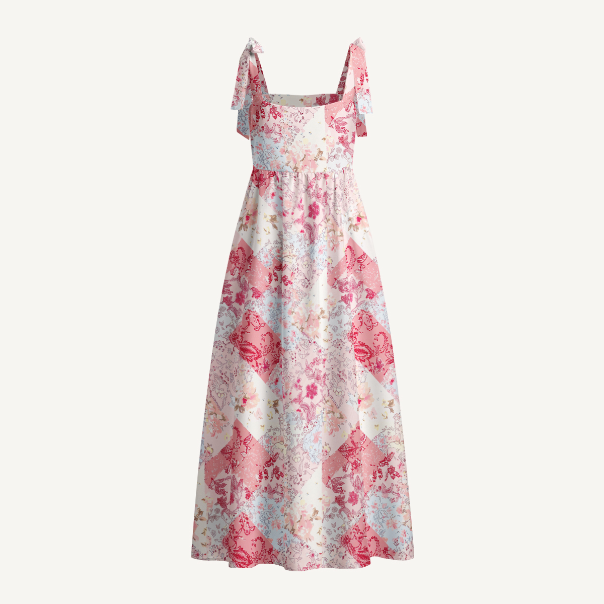 Shabby Chic Floral Patchwork Print Bow Strap Maxi Dress