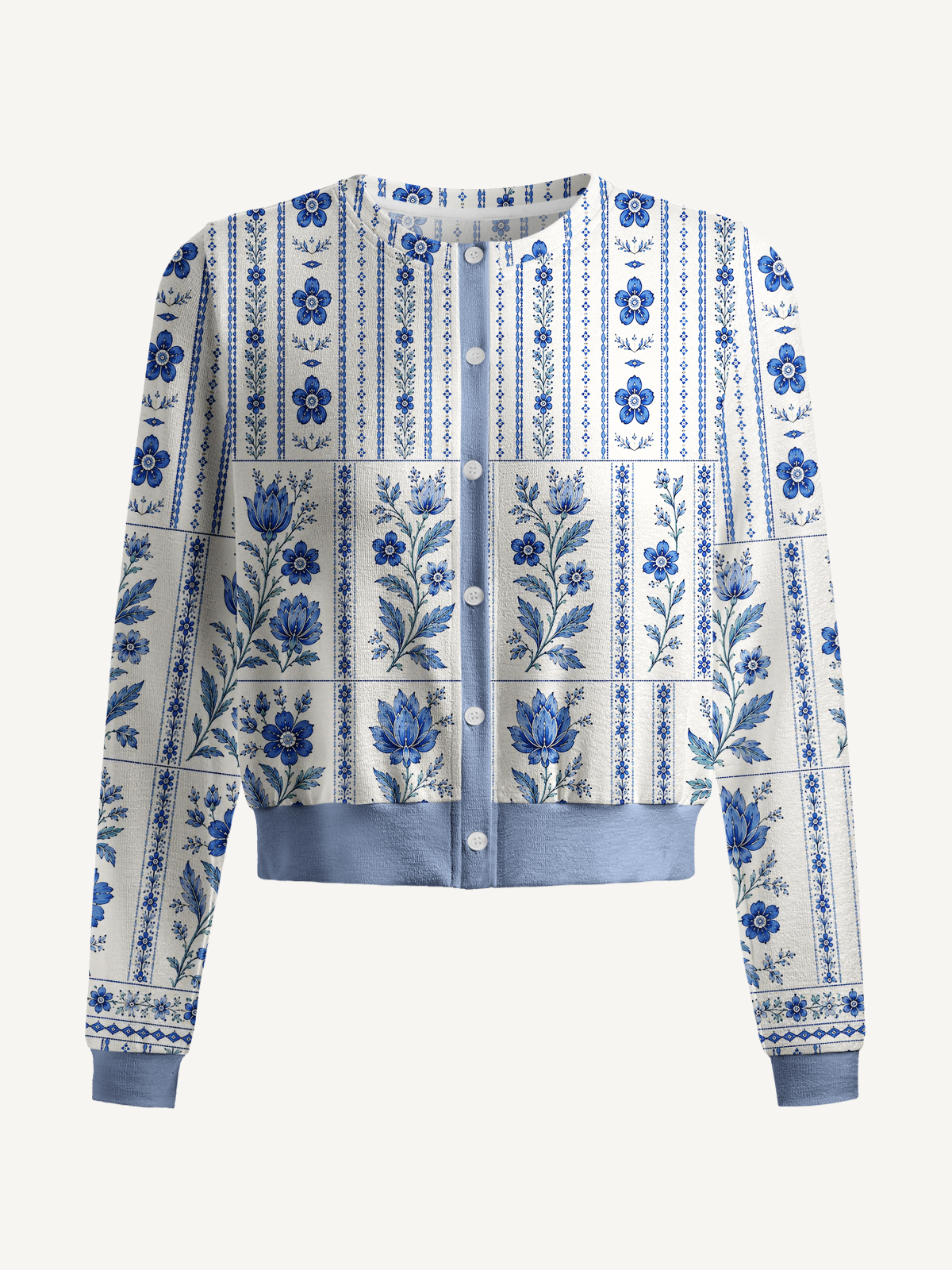 Lightweight Crew Neck Long‑Sleeve Cropped Indigo Garden Stripe Print Fine‑Knit Cardigan