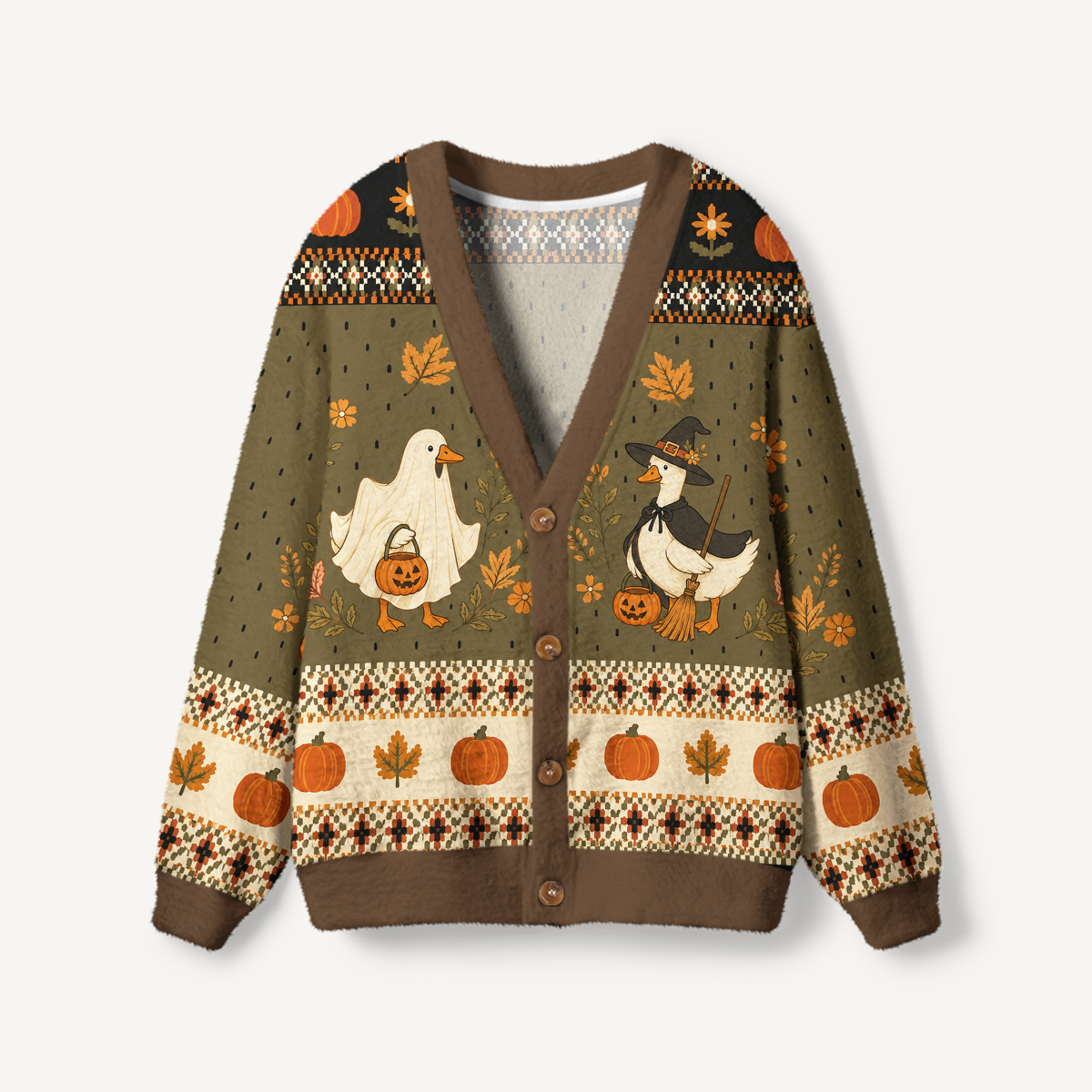 Witchy Goose Halloween Print Ugly Cardigan Sweaters