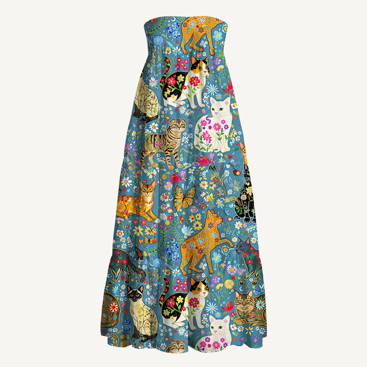 Colorful Garden Cat Print Maxi Skirt