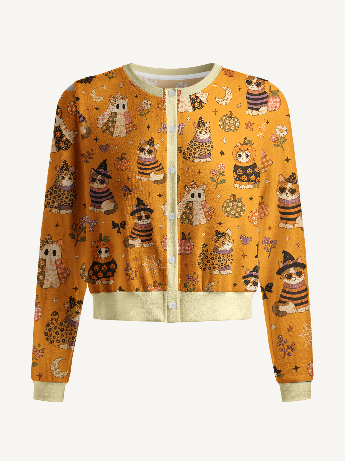 Spooky Retro Kittens Print Fine‑Knit Cardigan
