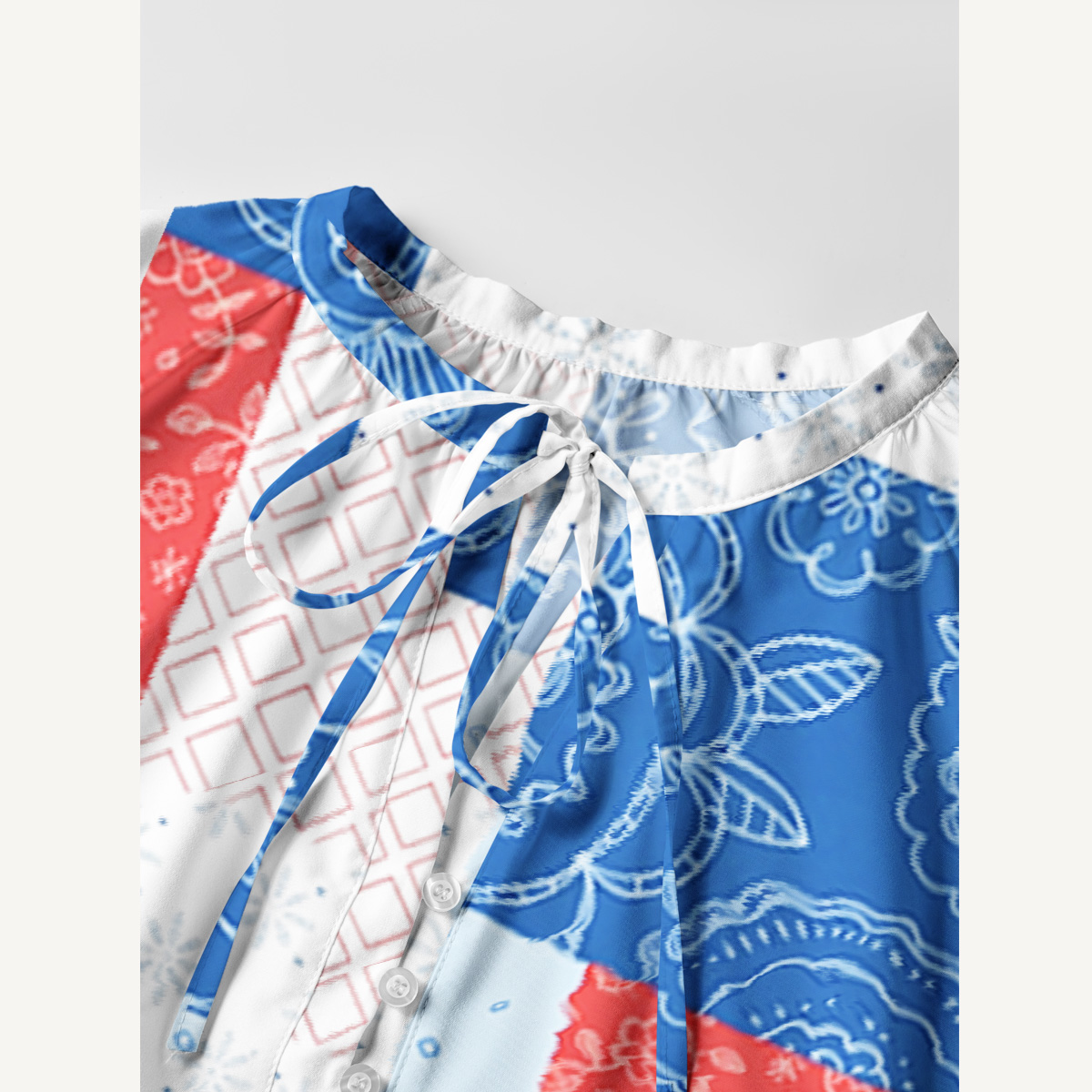 Patriotic Patchwork Print Boho Tie‑Neck Smock Mini Dress