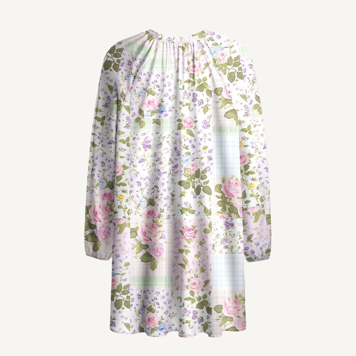 Pastel Rose Print Boho Tie‑Neck Smock Mini Dress