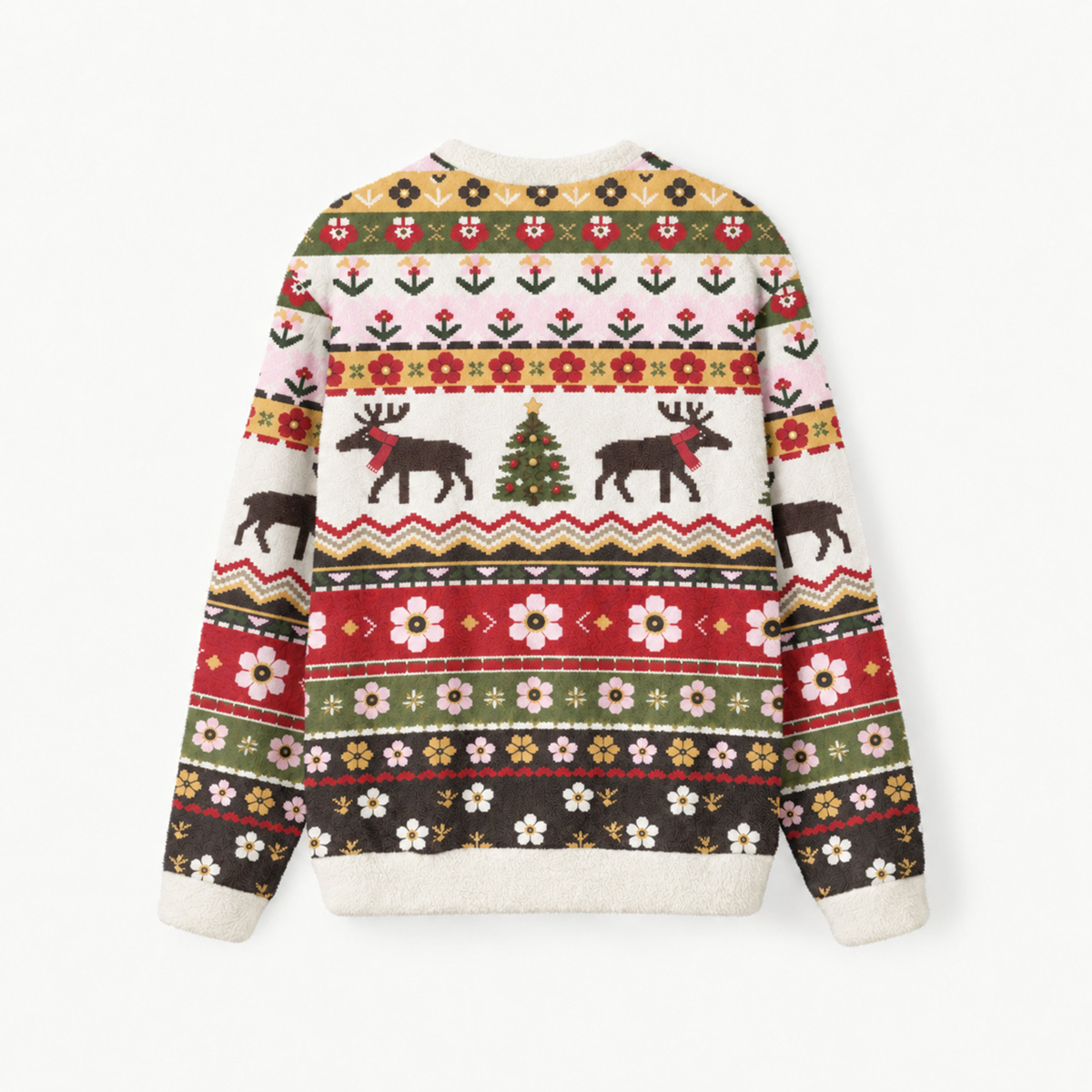 Christmas Reindeer & Wildflowers Fuzzy Crewneck Sweater