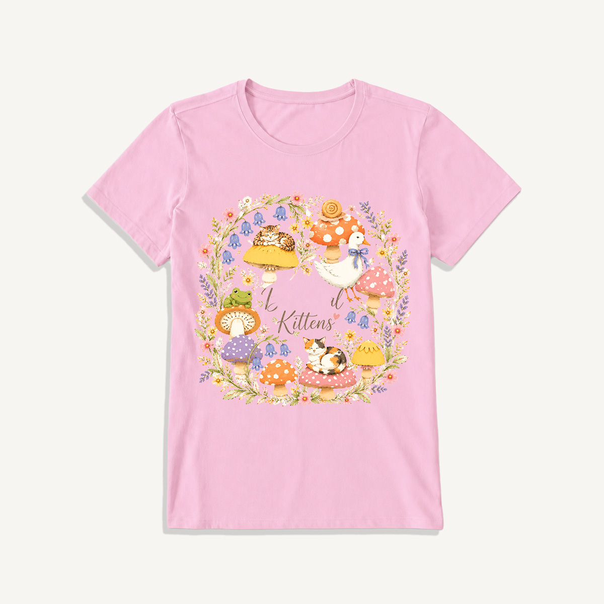 Botanical Kittens Mushroom Wreath Print Crew Neck Cotton Tee