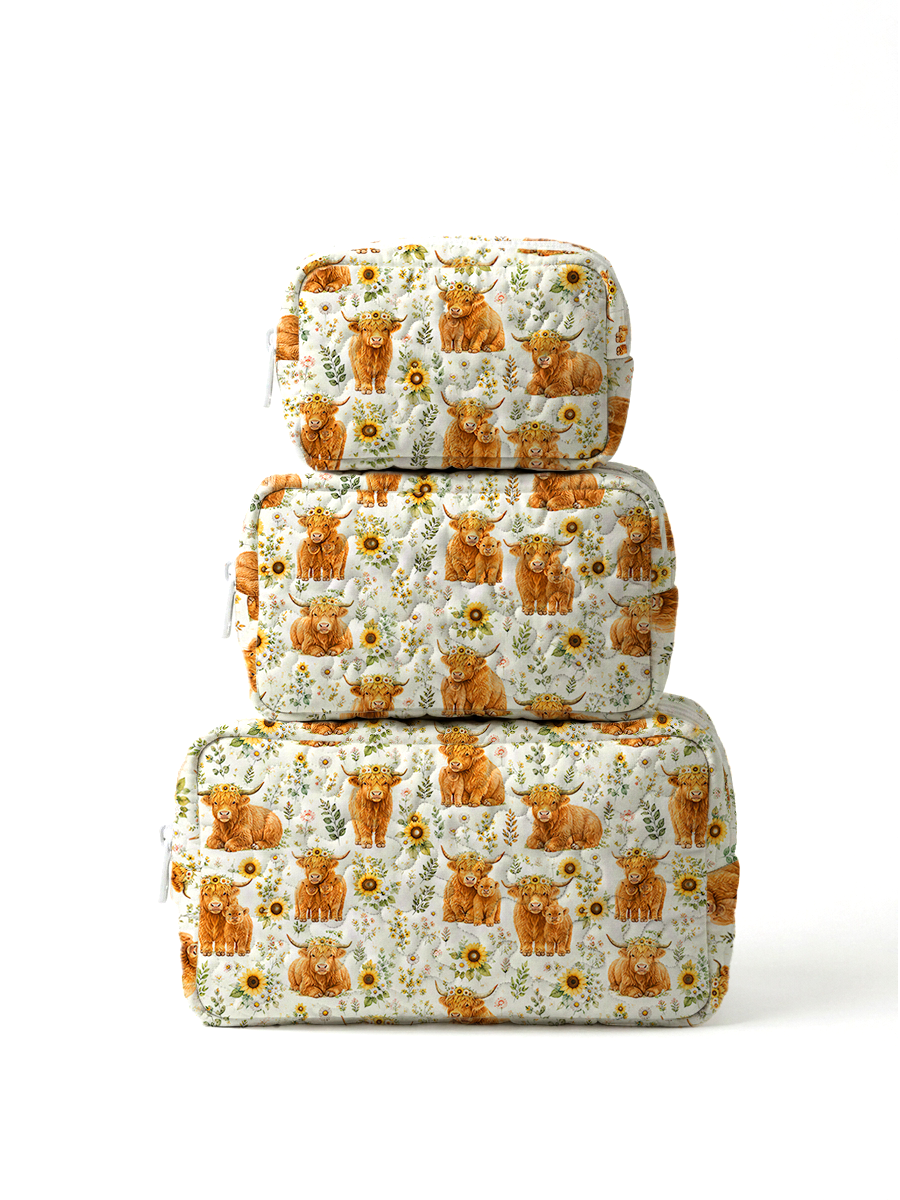 Spring Highland Cow Floral Print Cloud Quilted Cosmetic Pouch