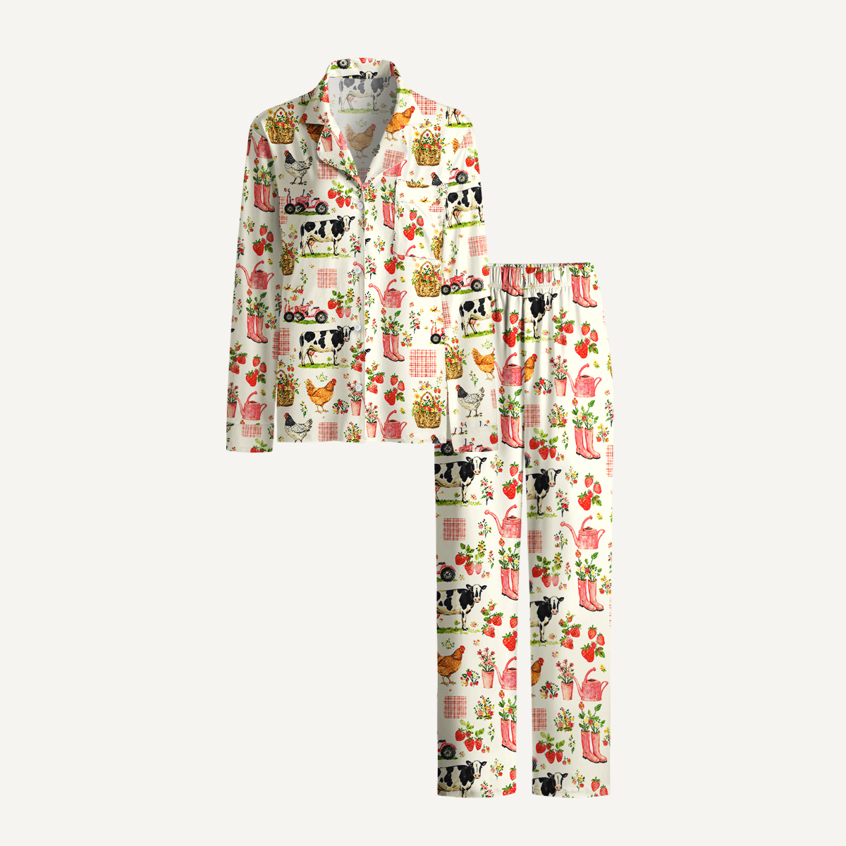 Watercolor Pink Farm Chicken Print Long Pajama Set 