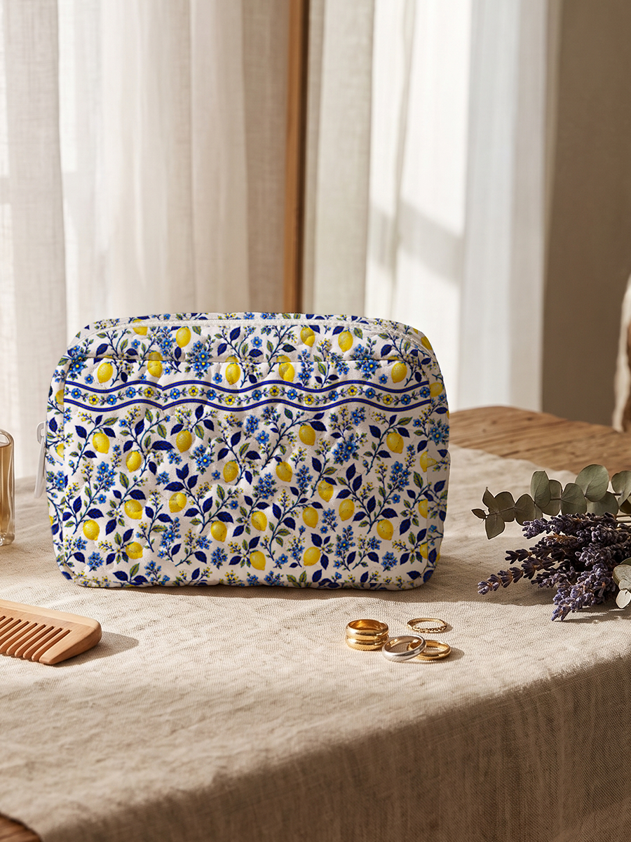 Blue Lemon Floral Print Cloud Quilted Cosmetic Pouch
