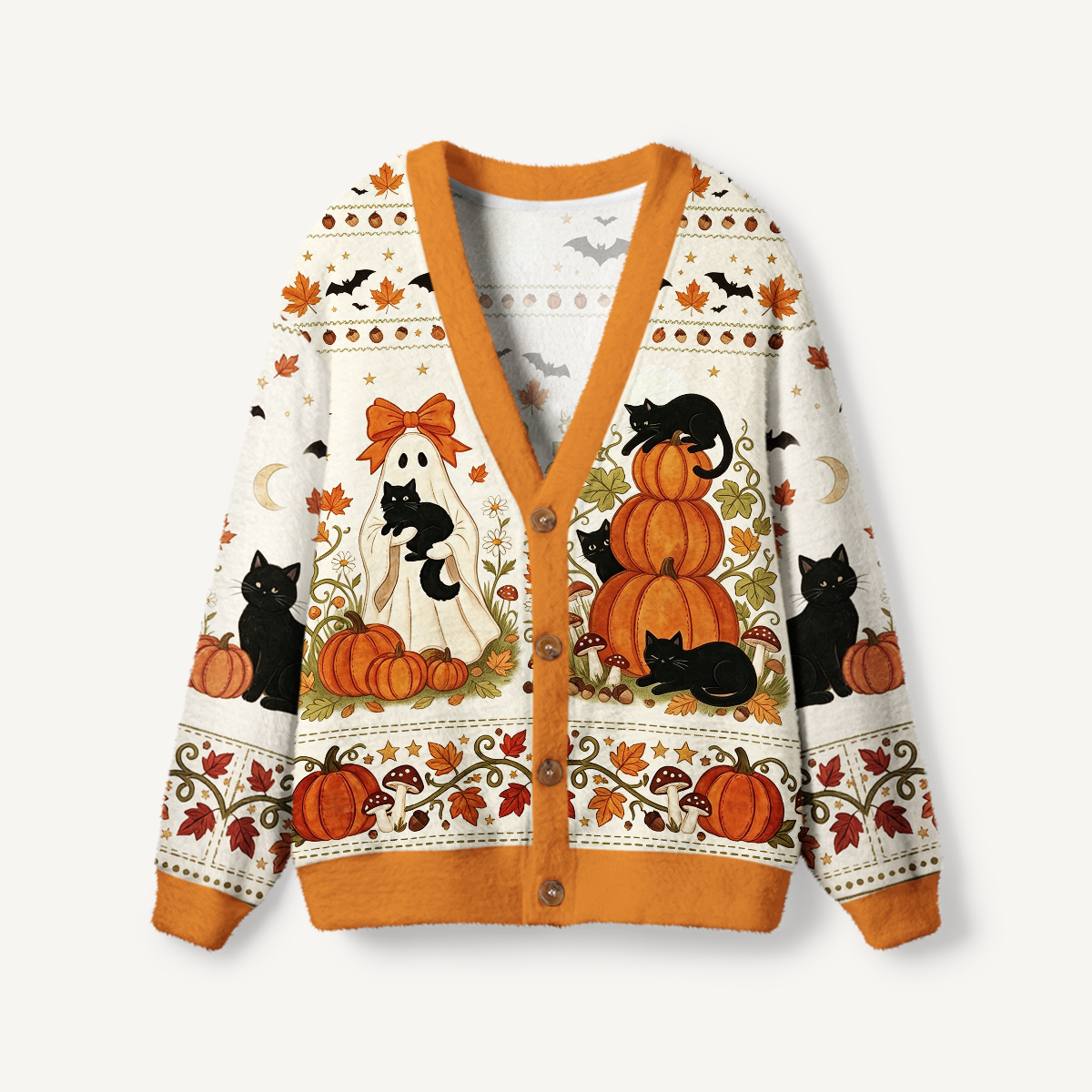 Halloween Pumpkin Black Cat Ghost Print Ugly Cardigan Sweaters