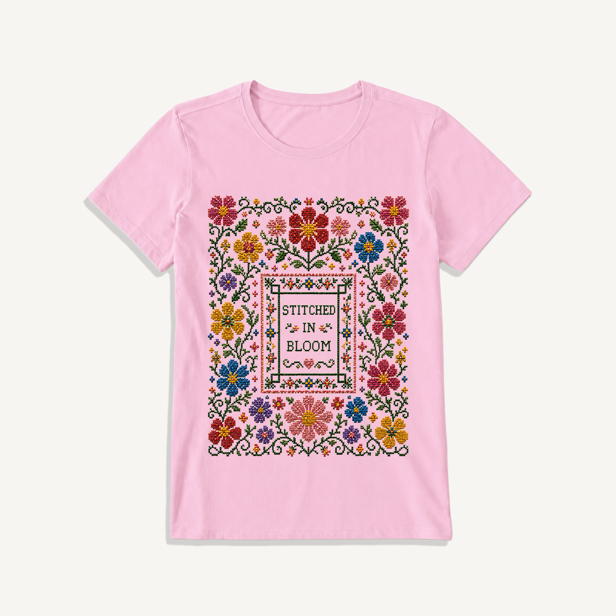 Blooming Folk Floral Cross-Stitch Print Crew Neck Cotton Tee
