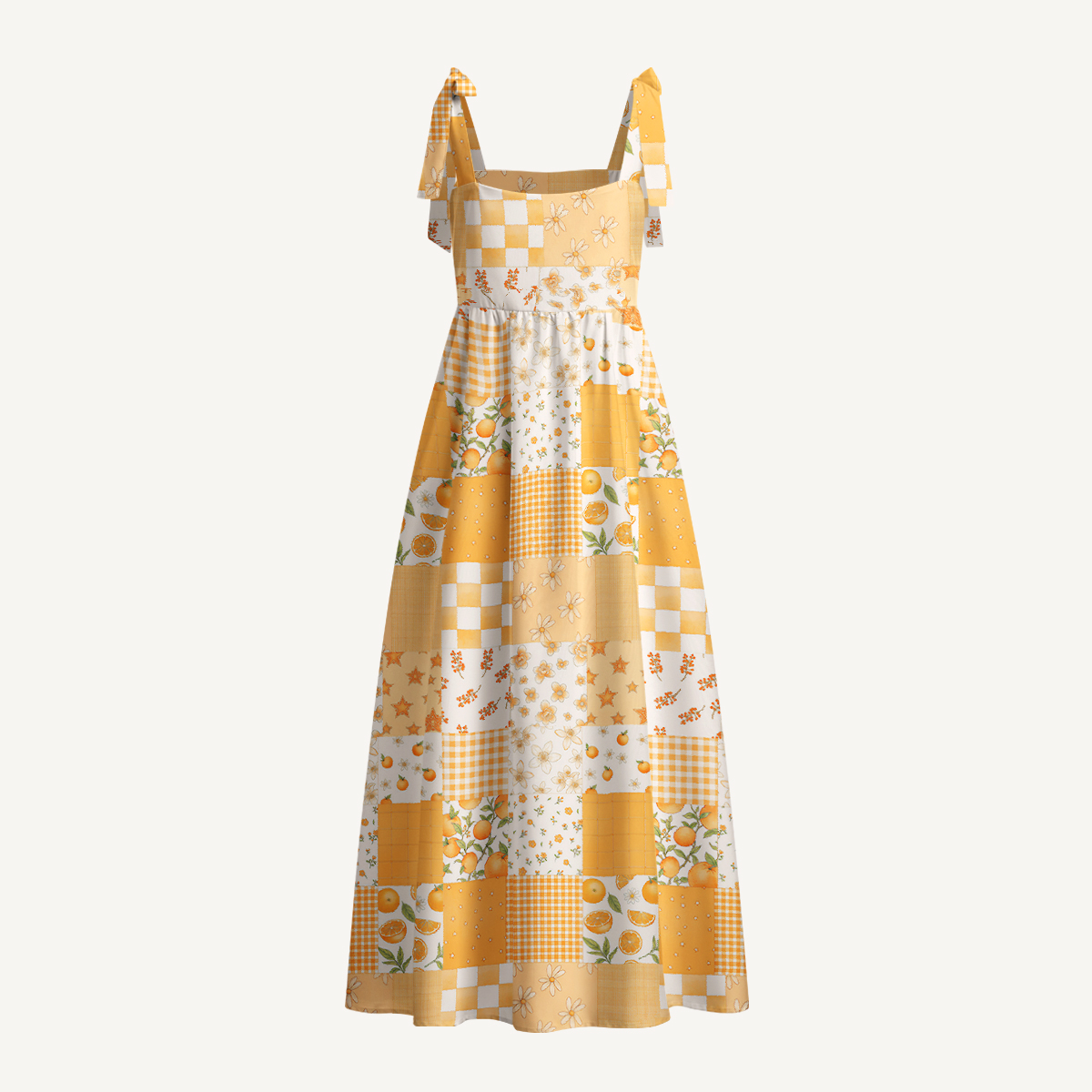 Lemon Sunshine Patchwork Print Bow Strap Maxi Dress With Pockets
