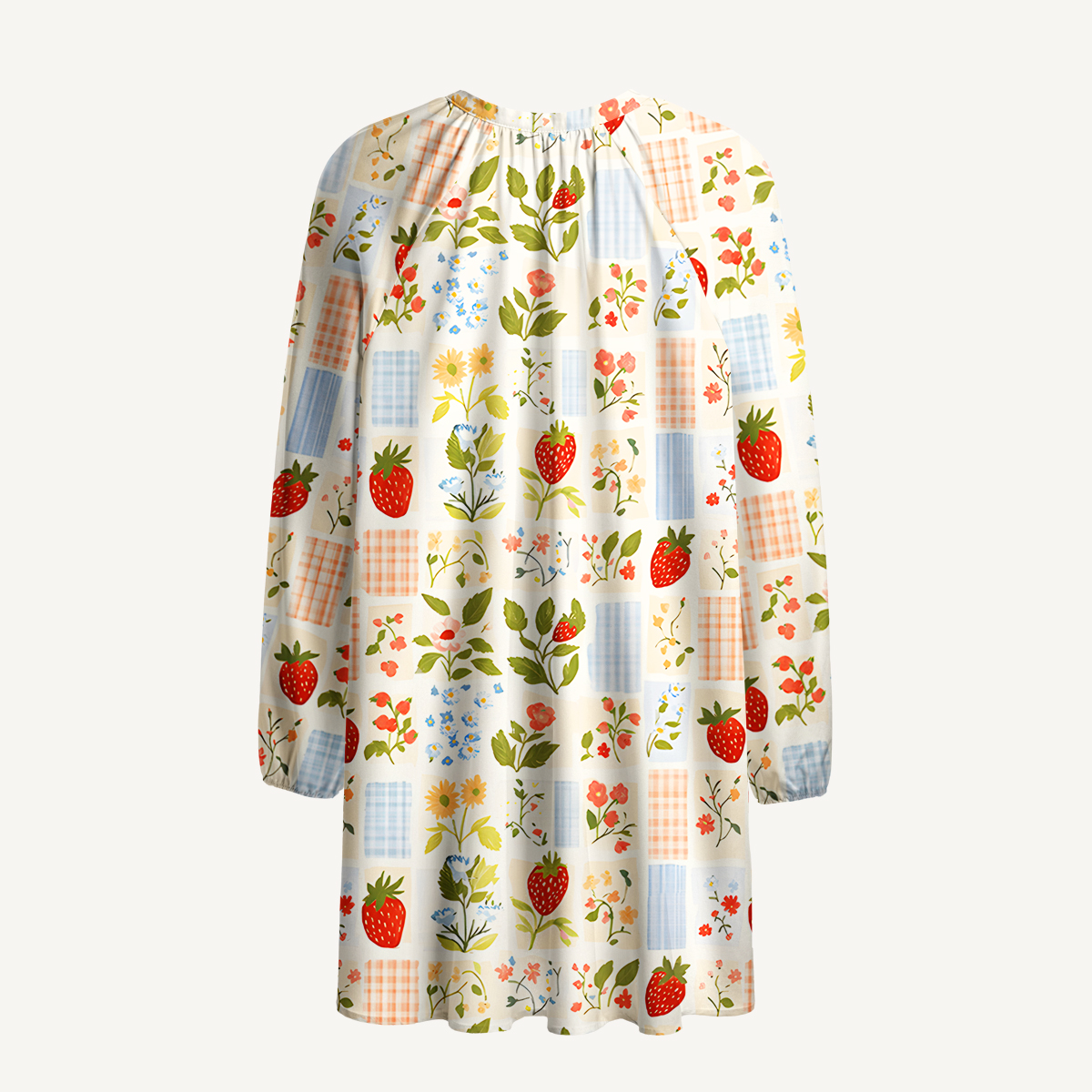 Strawberry Garden Patchwork Print Boho Tie‑Neck Smock Mini Dress