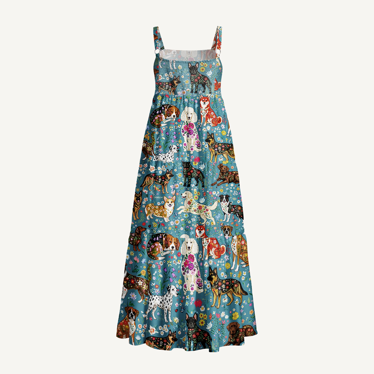 Cute Flower Dog Print Wide Straps Maxi Dress With Pockets