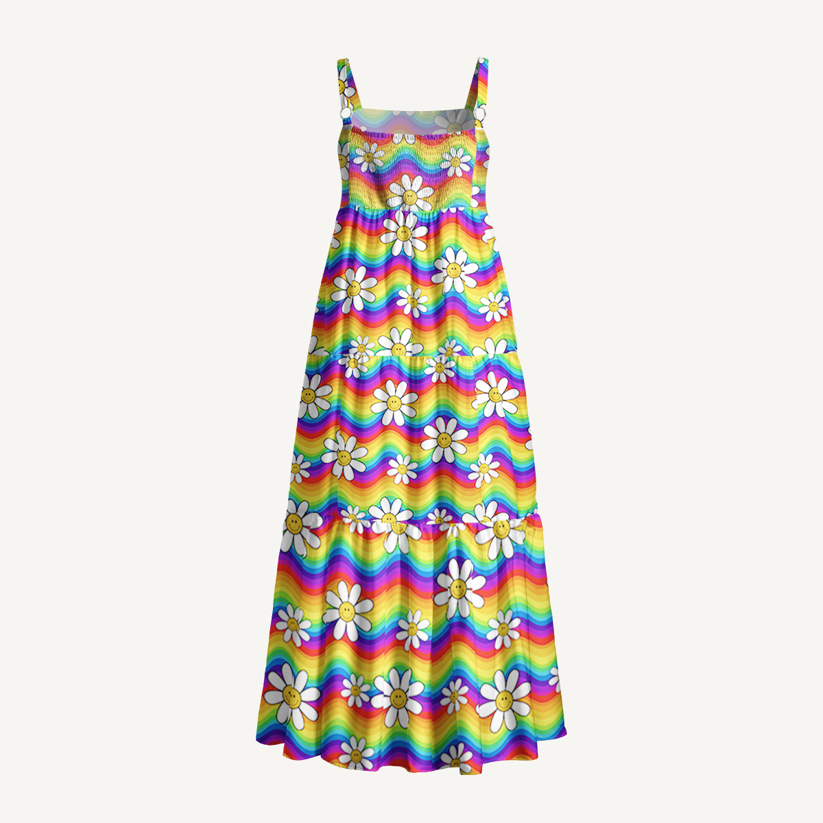 Rainbow Floral Print Wide Straps Maxi Dress With Pockets