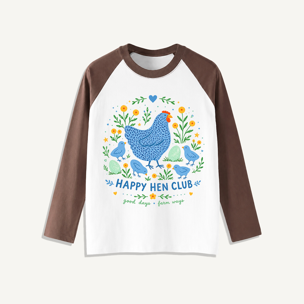 Blue Hen and Chicks Garden Print Raglan Long Sleeve T-shirt
