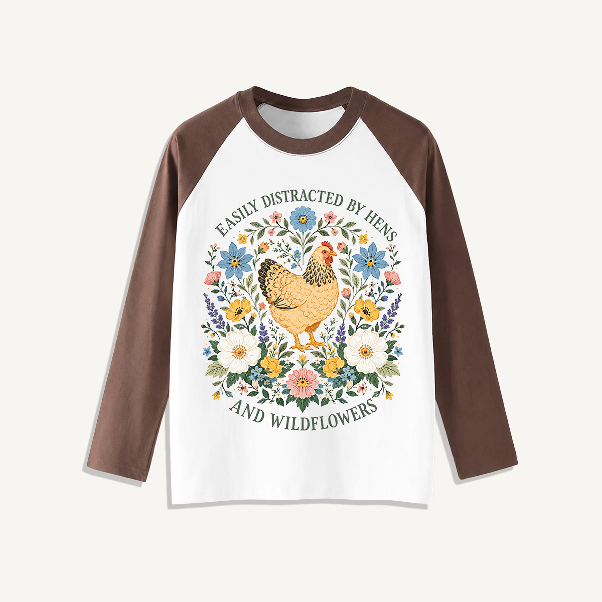Hen and Wildflowers Cottage Print Raglan Long Sleeve T-shirt