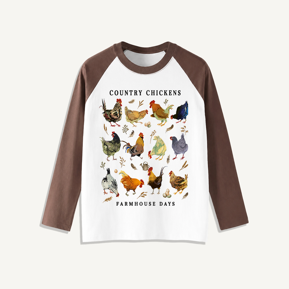 Country Chicken Farmhouse Collection Print Raglan Long Sleeve T-shirt