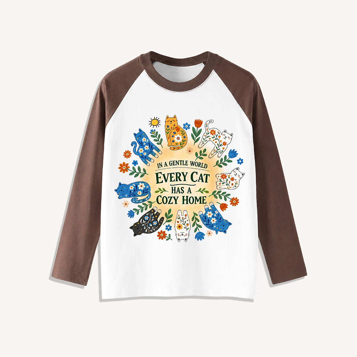 Floral Cats Cozy Home Print Raglan Long Sleeve T-shirt