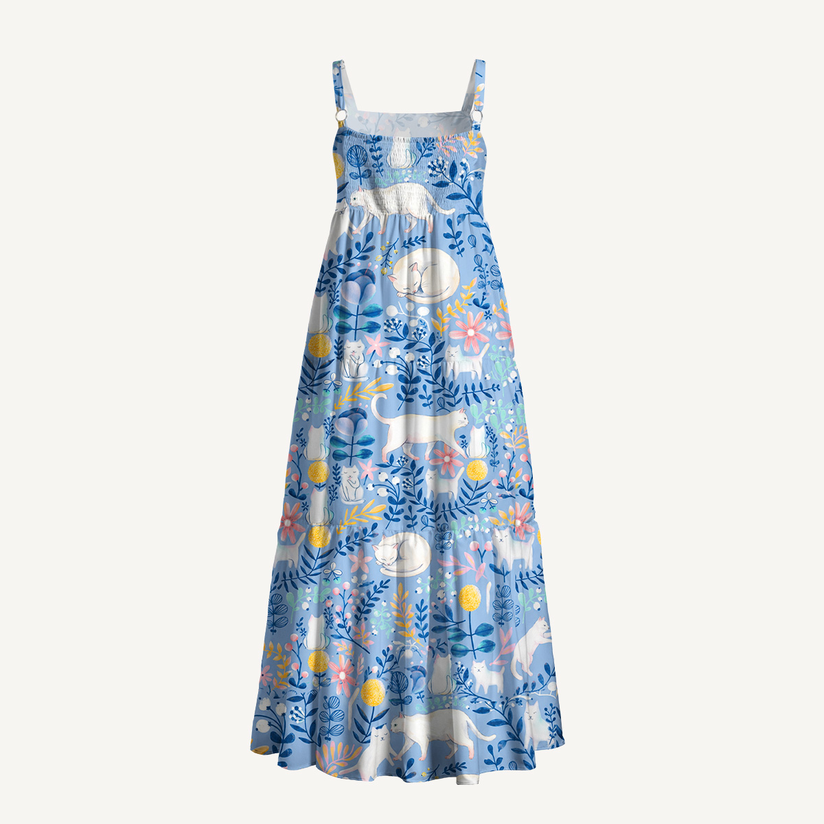 Square Neck Blue Leaf Cat Print Slip Dress