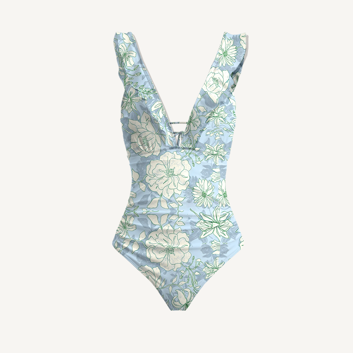 Mist Floral Ruffled V Neck One Piece Swimsuit and Matching Midi Skirt Set
