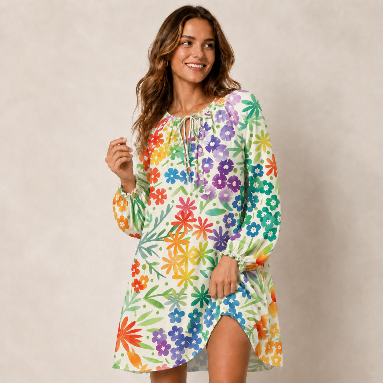 Fun Rainbow Print Boho Tie‑Neck Smock Mini Dress