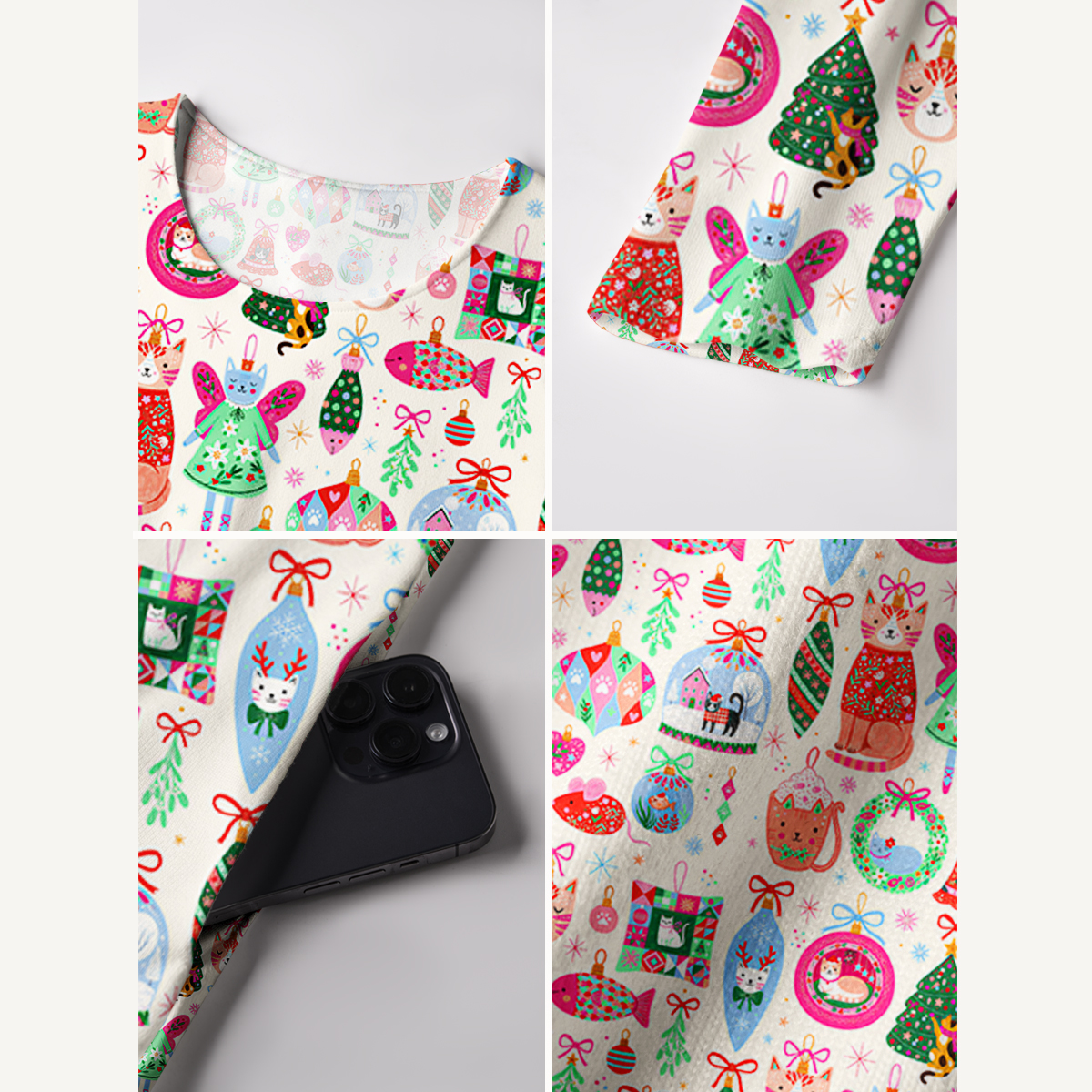 Christmas Cat Ornament Print Soft-Touch Stretch Knit Long Sleeve Maxi Dress with Pockets