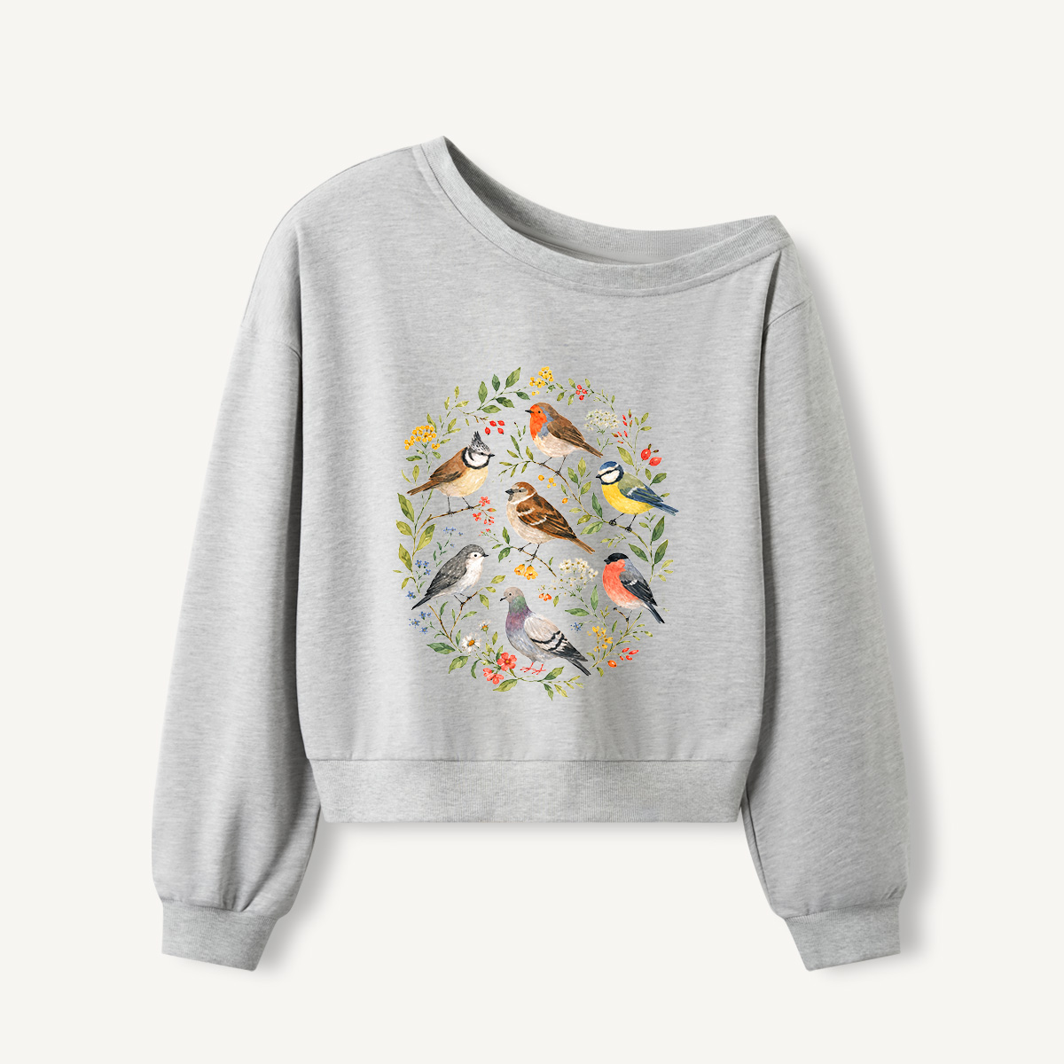Botanical Birds Wreath Print Off Shoulder Sweatshirts 