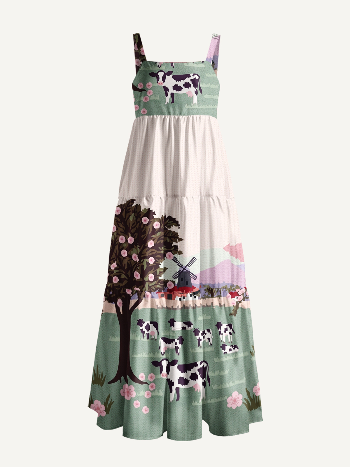 Blossom Pasture Cow & Windmill Print Wide Straps Maxi Dress With Pockets