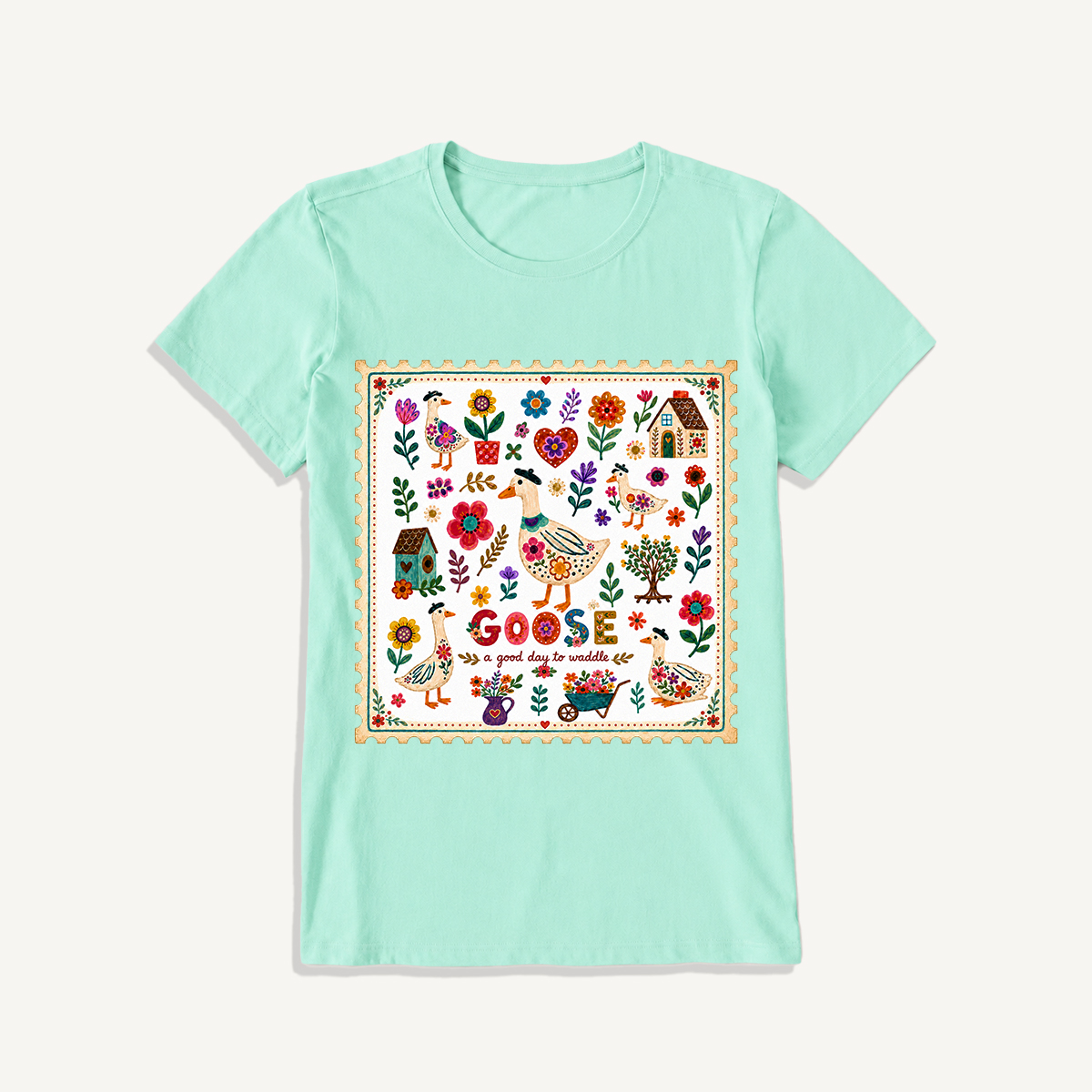 Floral Goose Garden Print Crew Neck Cotton Tee